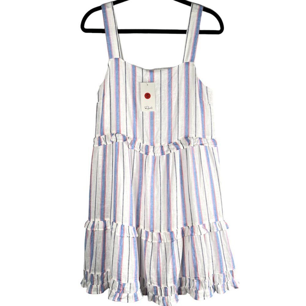 RAILS Dress Sandy Linen Blend Tahiti Stripe Tiered Ruffle Size M NWT MSRP $188